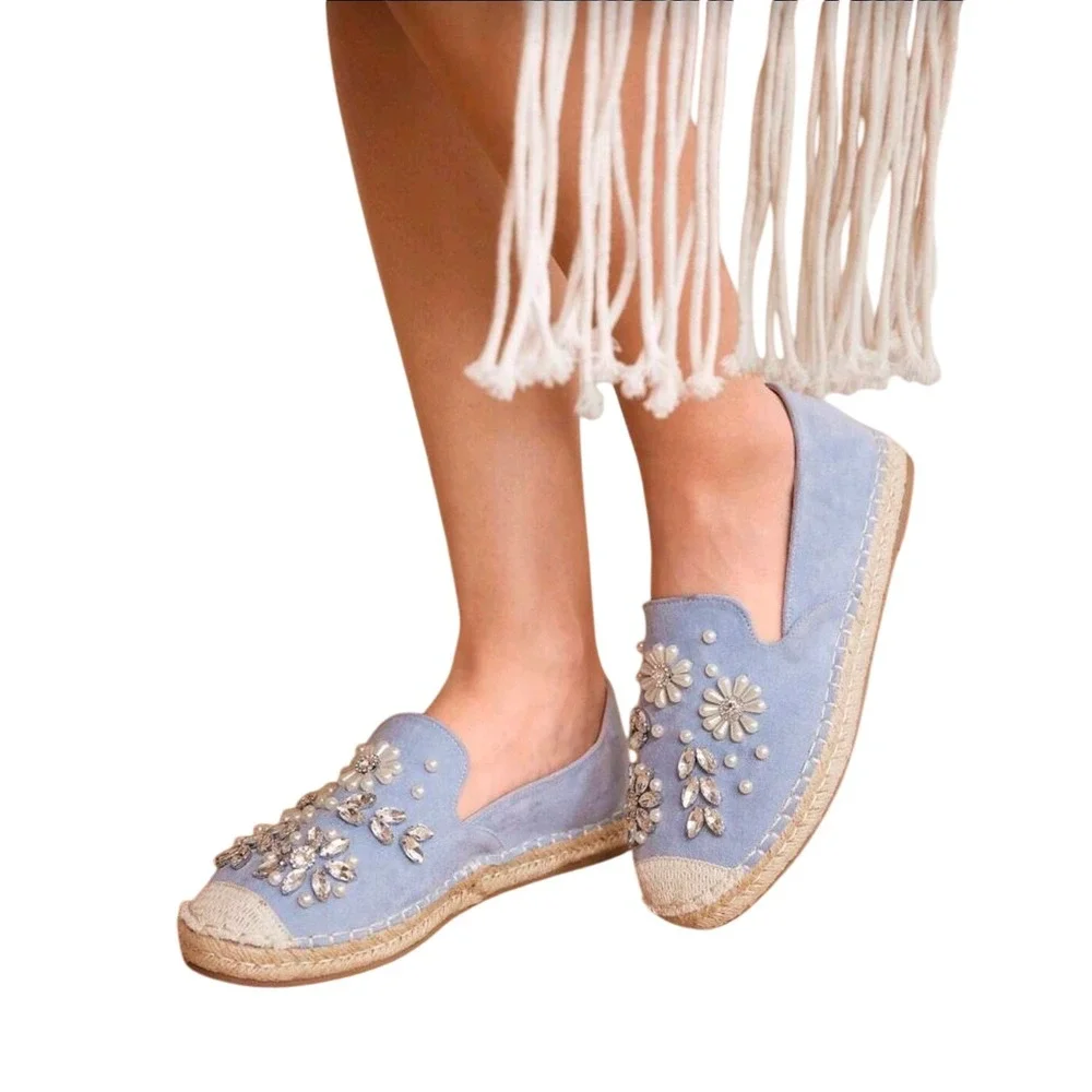 Women Blue Espadrille Flats Embellished Pearls Rhinestones Slip On‎ Shoes